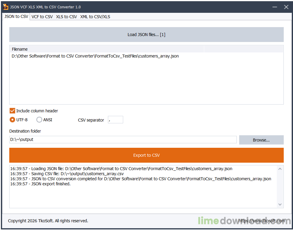 JSON VCF XLS XML to CSV Converter